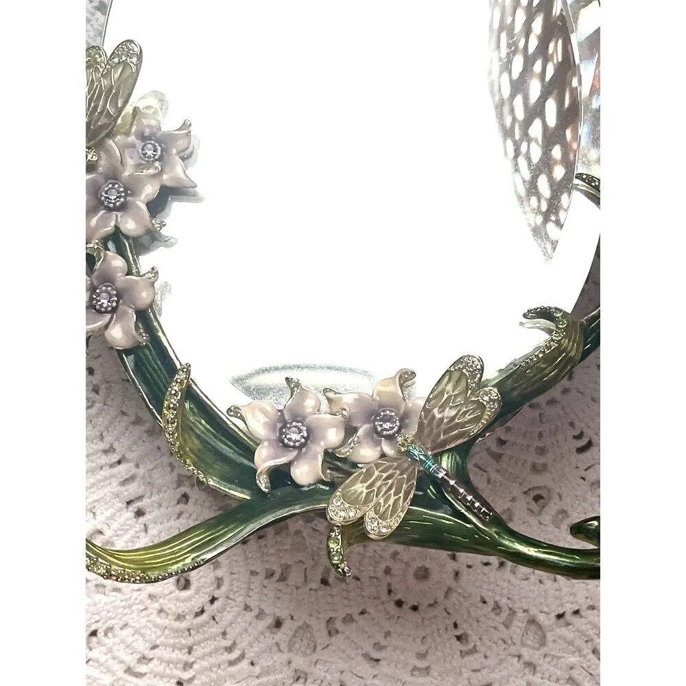Vtg MCM Dragonfly Mirror Enamel Rhinestone Floral Jewelry Table Top Vanity Decor